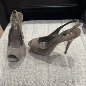 Loriblu Taupe Suede Peep Toe Platform Sling backs Pumps Size 38.5 US 8.5 Italy